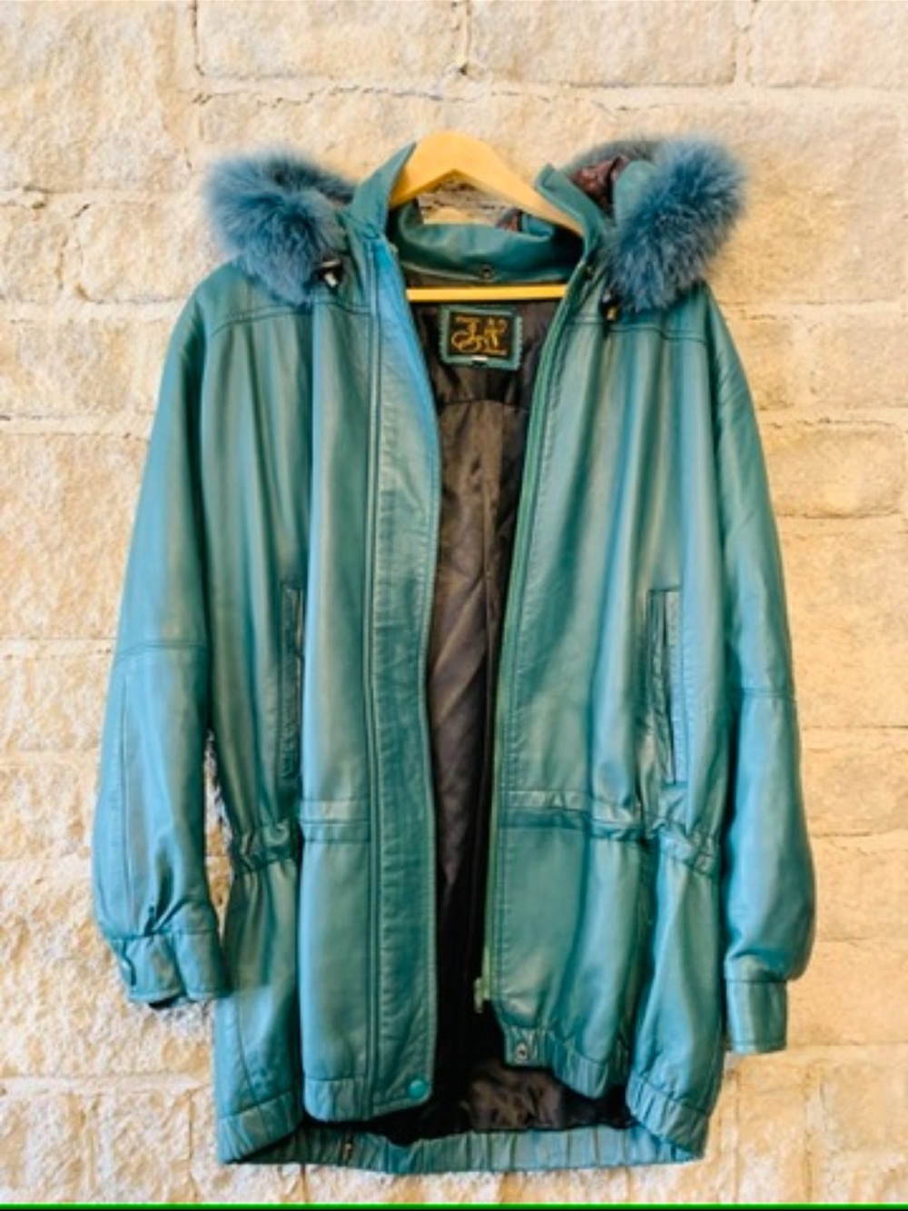 Vintage Women's Green Teal Hooded Leather Coat with Fur Trim